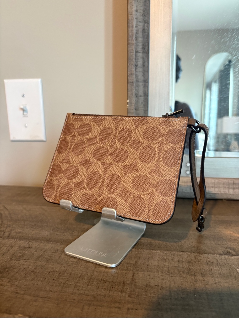 Coach Brown Signature Canvas Wristlet with Leather Strap